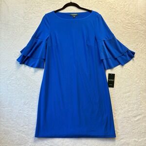 Lauren Ralph Lauren Dress Women Sz 8 Blue Ruffle Sleeve Sheath Party Cocktail